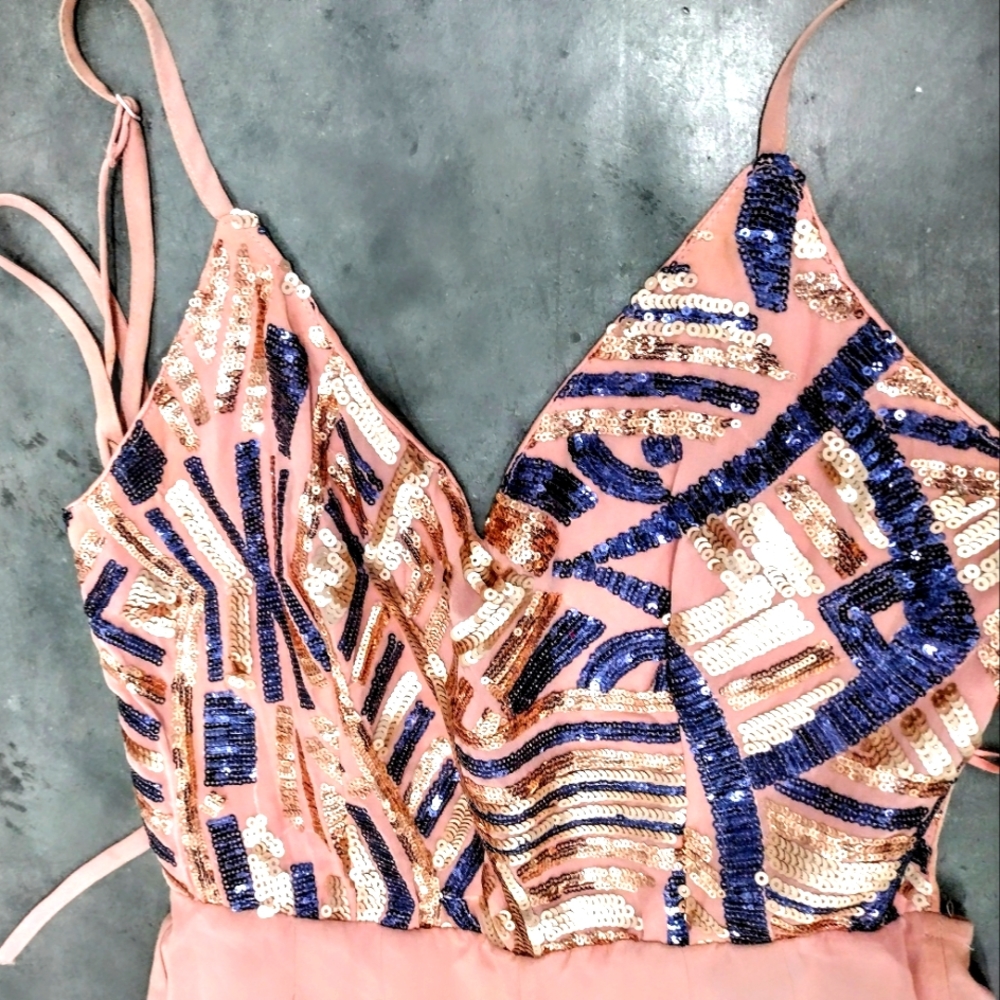 Blue gold Sequined spaghetti strap baby pink chiffon dress suit jumper
